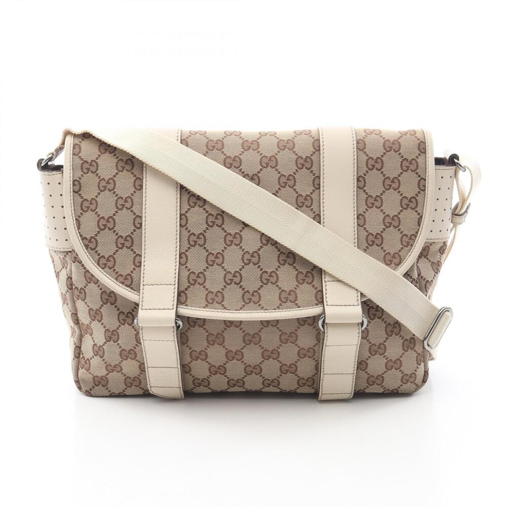 Gucci GG Canvas Shoulder Bag Leather Beige Cream Ivory White